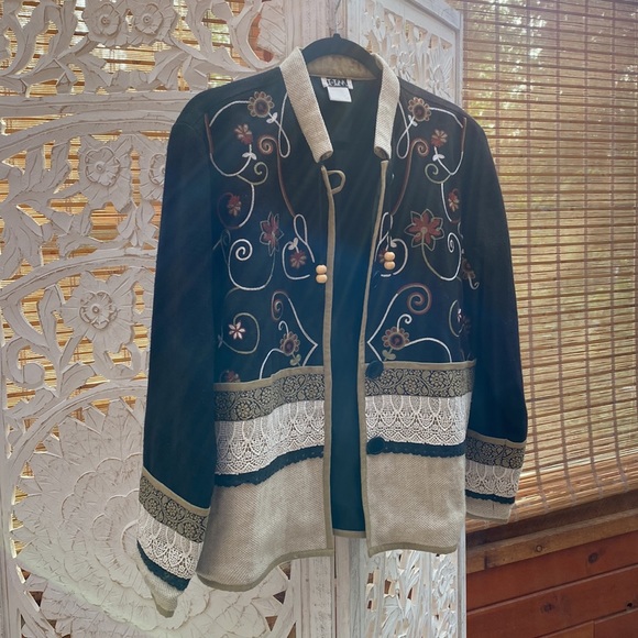 Funky retro vintage embroidered black lace burlap + floral coat jacket L-XL - Picture 2 of 16